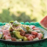 Fava beans, avocado and watermelon salad with grilled halloumi cheese